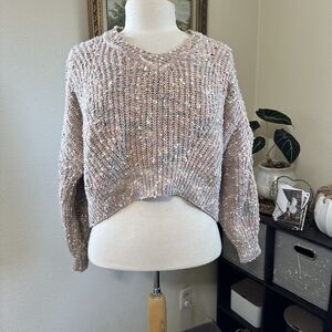 Jon & Anna Women Casual V-Neck Pink  Blue Pom Pom Cropped Knit Sweater Sz XL